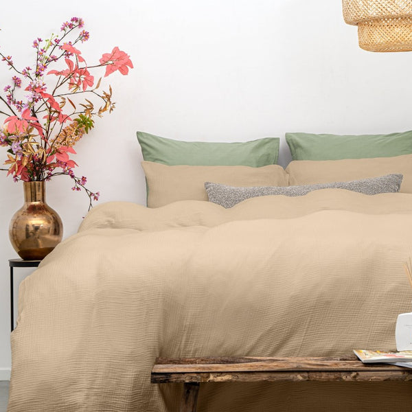 100% Cotton Duvet Cover Set Mousseline | Sand | Single - 140cm (W) x 220cm (L) - The Bedding & Blankets Store