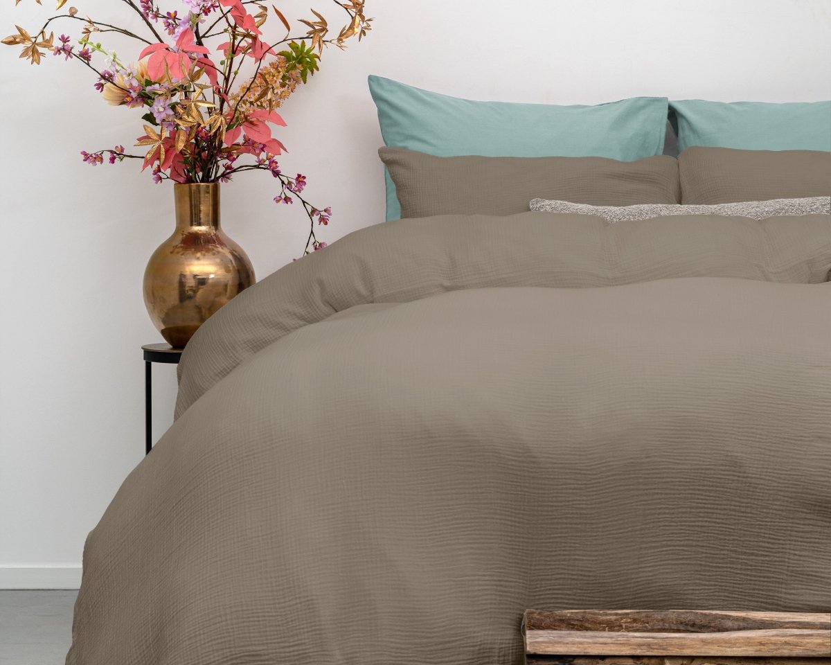100% Cotton Duvet Cover Set Mousseline | Taupe | Single - 140cm (W) x 220cm (L) - The Bedding & Blankets Store