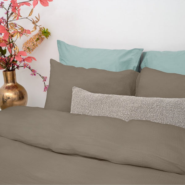 100% Cotton Duvet Cover Set Mousseline | Taupe | Single - 140cm (W) x 220cm (L) - The Bedding & Blankets Store