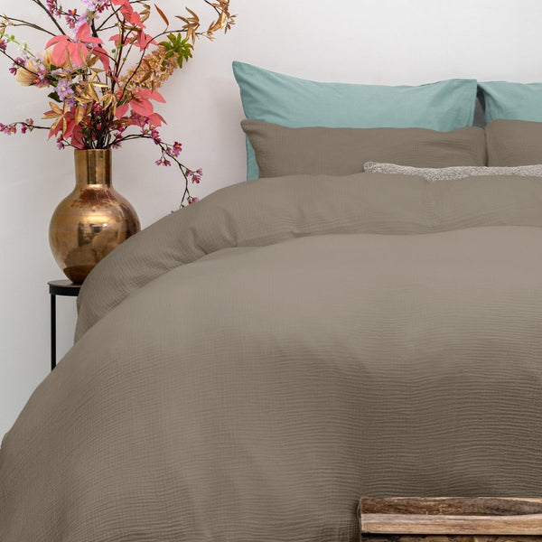 100% Cotton Duvet Cover Set Mousseline | Taupe | Single - 140cm (W) x 220cm (L) - The Bedding & Blankets Store