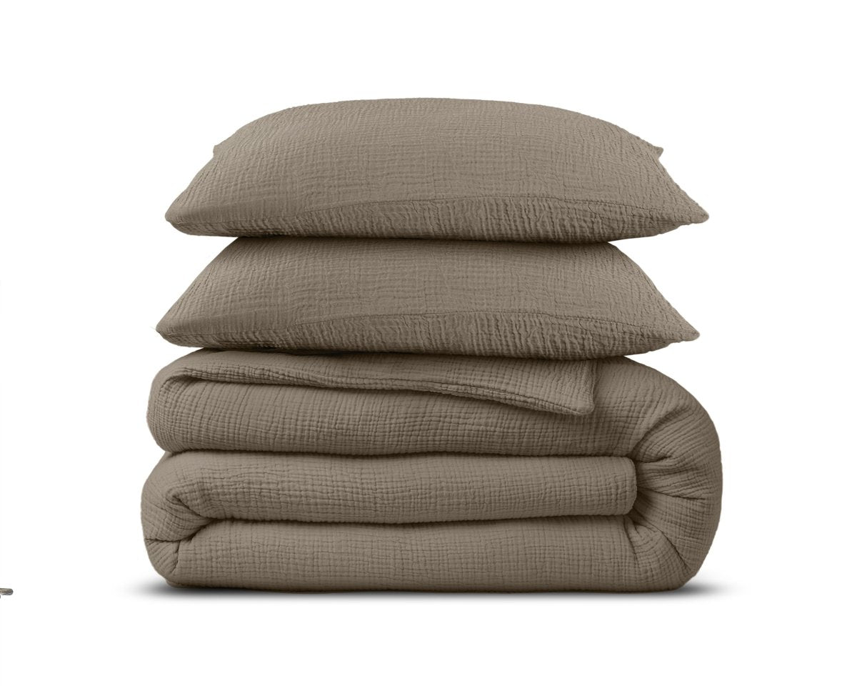 100% Cotton Duvet Cover Set Mousseline | Taupe | Single - 140cm (W) x 220cm (L) - The Bedding & Blankets Store