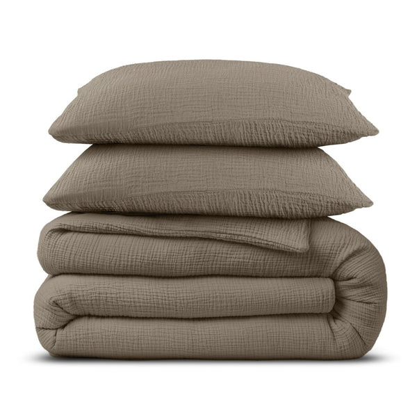 100% Cotton Duvet Cover Set Mousseline | Taupe | Single - 140cm (W) x 220cm (L) - The Bedding & Blankets Store