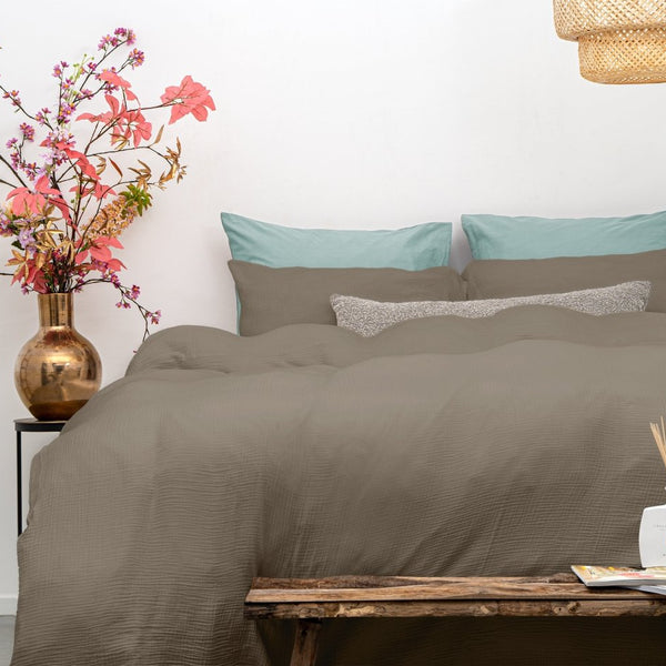 100% Cotton Duvet Cover Set Mousseline | Taupe | Single - 140cm (W) x 220cm (L) - The Bedding & Blankets Store