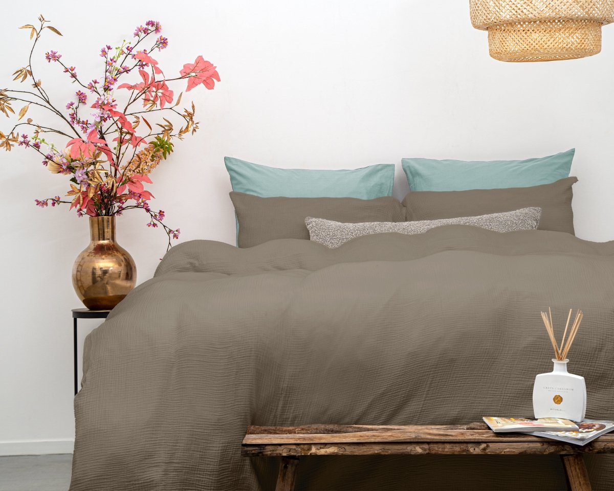 100% Cotton Duvet Cover Set Mousseline | Taupe | Single - 140cm (W) x 220cm (L) - The Bedding & Blankets Store