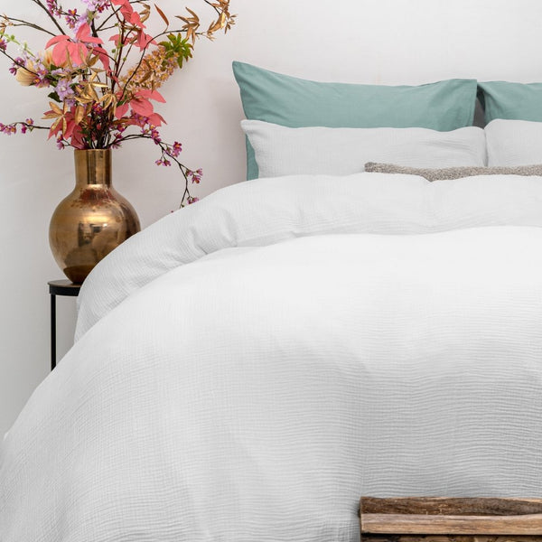 100% Cotton Duvet Cover Set Mousseline | White | Single - 140cm (W) x 220cm (L) - The Bedding & Blankets Store