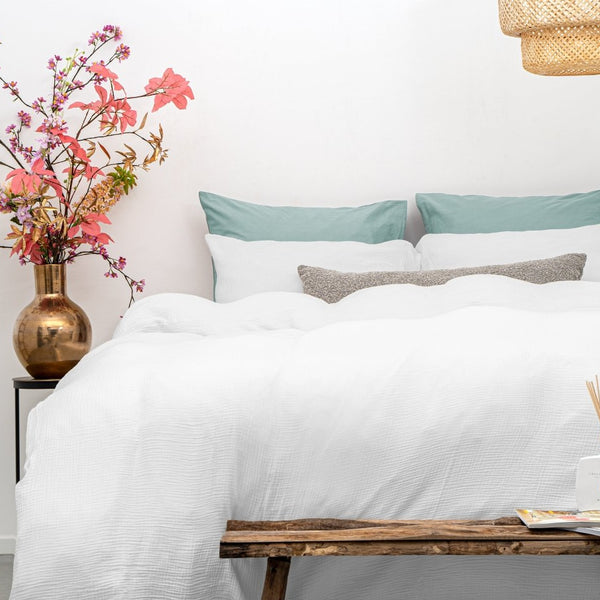 100% Cotton Duvet Cover Set Mousseline | White | Single - 140cm (W) x 220cm (L) - The Bedding & Blankets Store