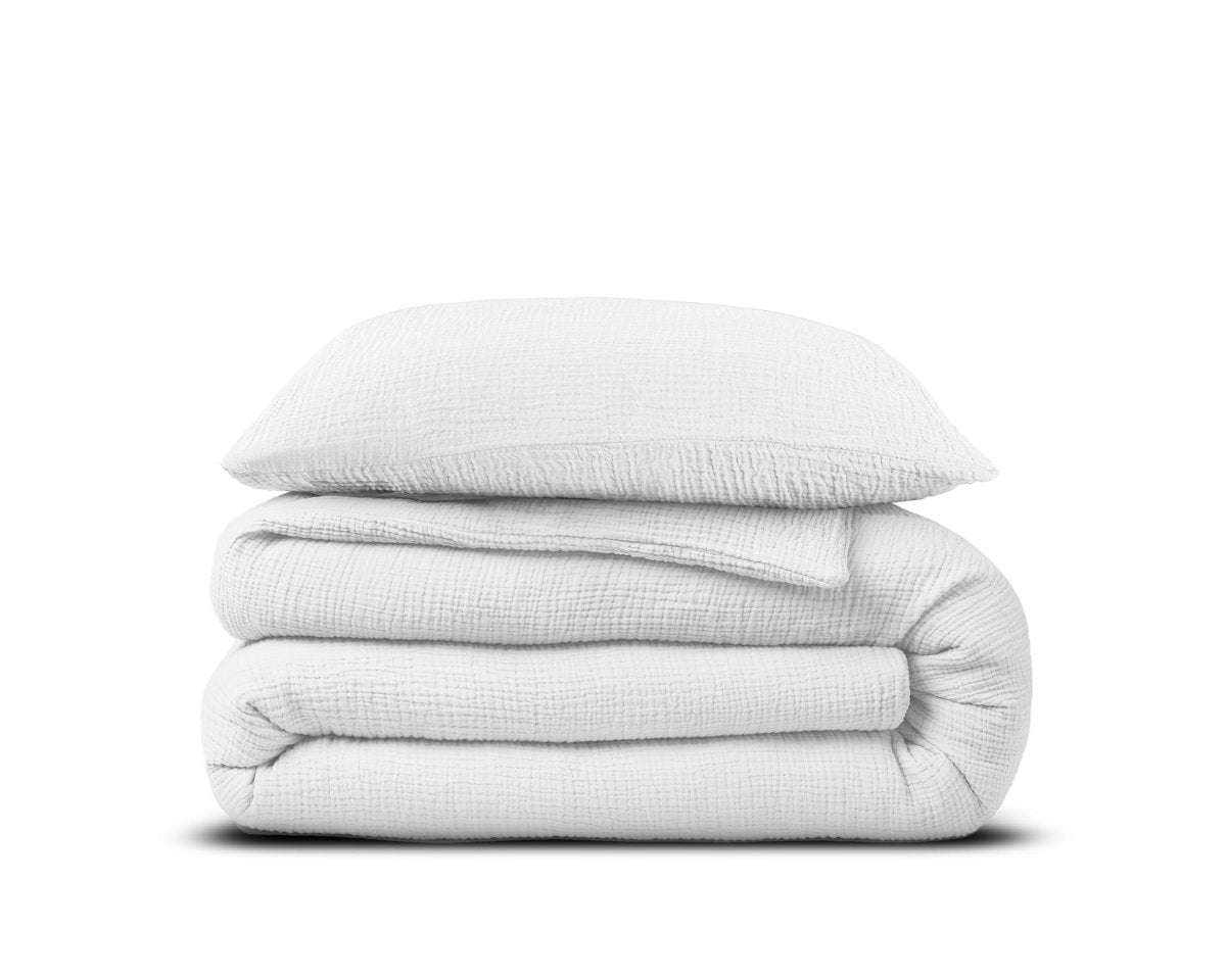 100% Cotton Duvet Cover Set Mousseline | White | Single - 140cm (W) x 220cm (L) - The Bedding & Blankets Store