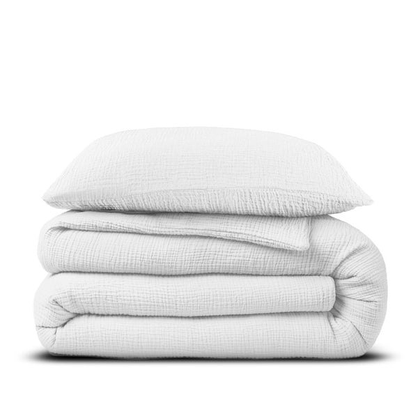100% Cotton Duvet Cover Set Mousseline | White | Single - 140cm (W) x 220cm (L) - The Bedding & Blankets Store
