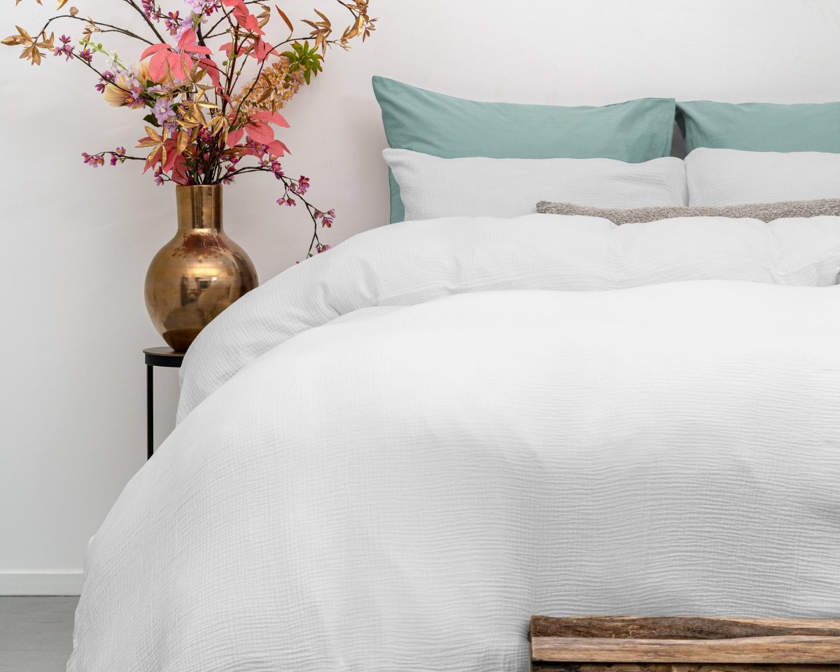 100% Cotton Duvet Cover Set Mousseline | White | Single - 140cm (W) x 220cm (L) - The Bedding & Blankets Store