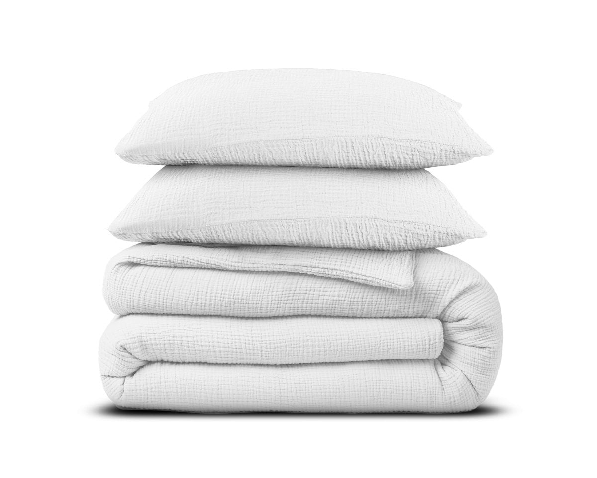 100% Cotton Duvet Cover Set Mousseline | White | Single - 140cm (W) x 220cm (L) - The Bedding & Blankets Store