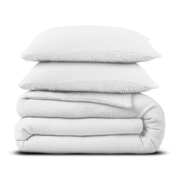 100% Cotton Duvet Cover Set Mousseline | White | Single - 140cm (W) x 220cm (L) - The Bedding & Blankets Store