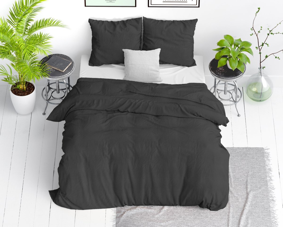 100% Cotton Duvet Cover Set Stone Washed | Anthracite | Single - 135cm (W) x 200cm (L) - The Bedding & Blankets Store