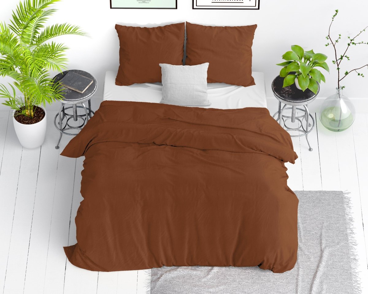 100% Cotton Duvet Cover Set Stone Washed | Brown | Single - 140cm (W) x 220cm (L) - The Bedding & Blankets Store