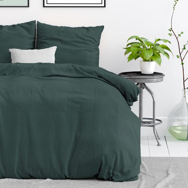 100% Cotton Duvet Cover Set Stone Washed | Dark Green | Single - 140cm (W) x 220cm (L) - The Bedding & Blankets Store