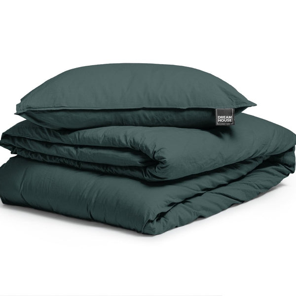 100% Cotton Duvet Cover Set Stone Washed | Dark Green | Single - 140cm (W) x 220cm (L) - The Bedding & Blankets Store
