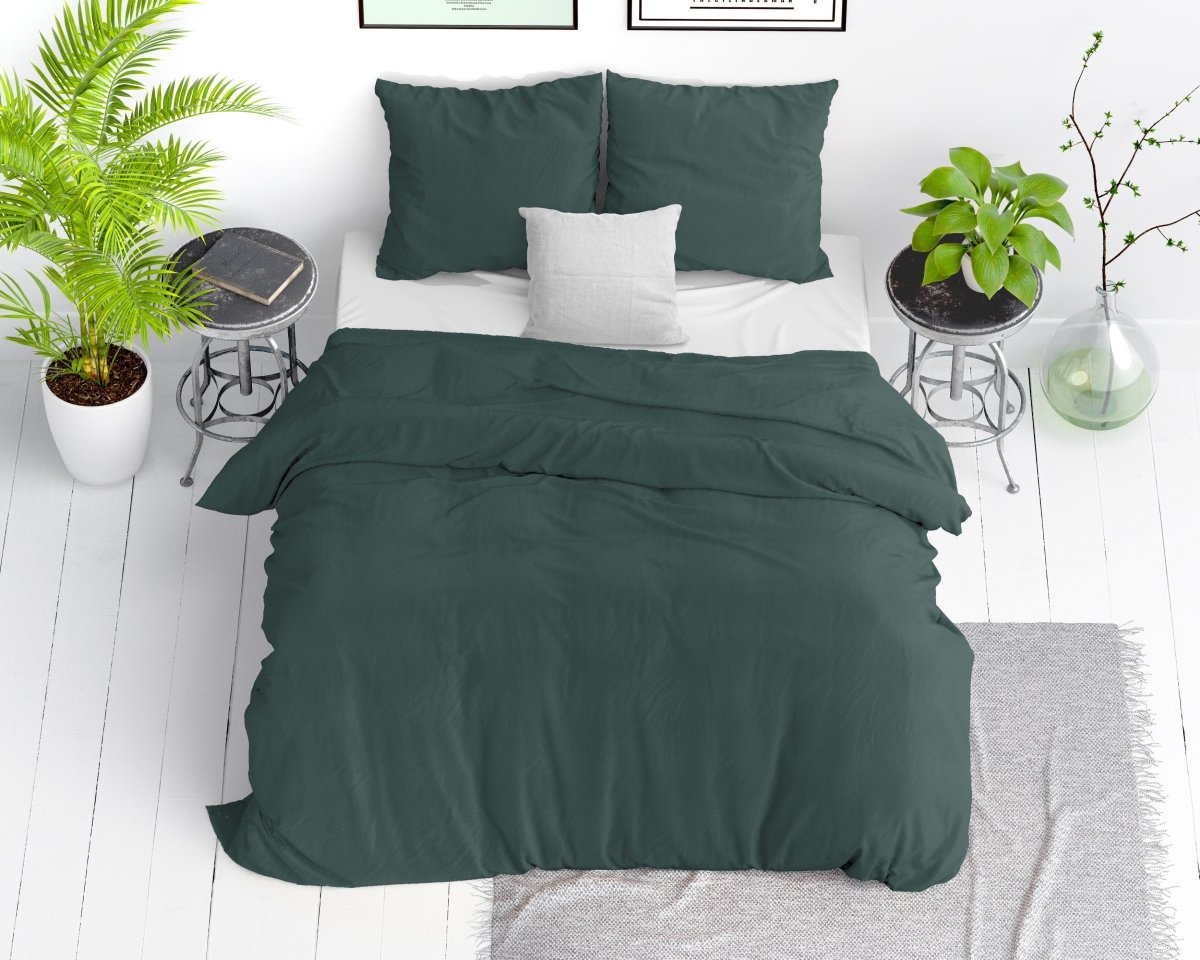 100% Cotton Duvet Cover Set Stone Washed | Dark Green | Single - 140cm (W) x 220cm (L) - The Bedding & Blankets Store