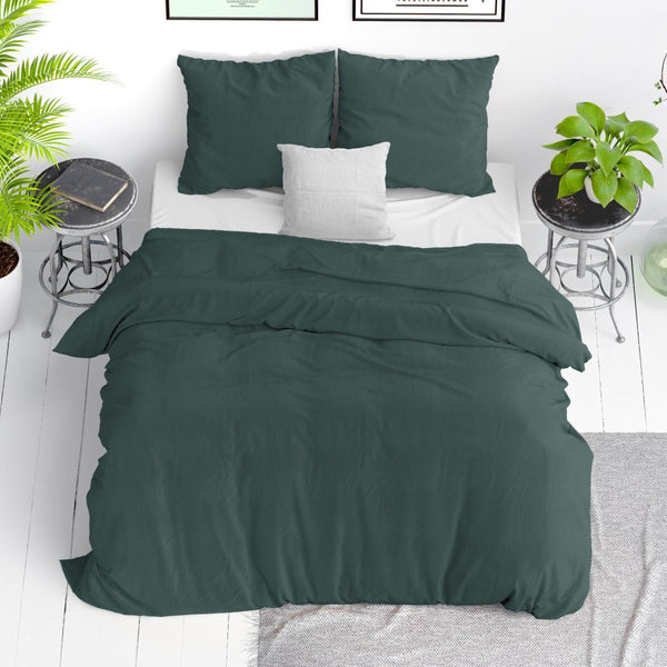 100% Cotton Duvet Cover Set Stone Washed | Dark Green | Single - 140cm (W) x 220cm (L) - The Bedding & Blankets Store