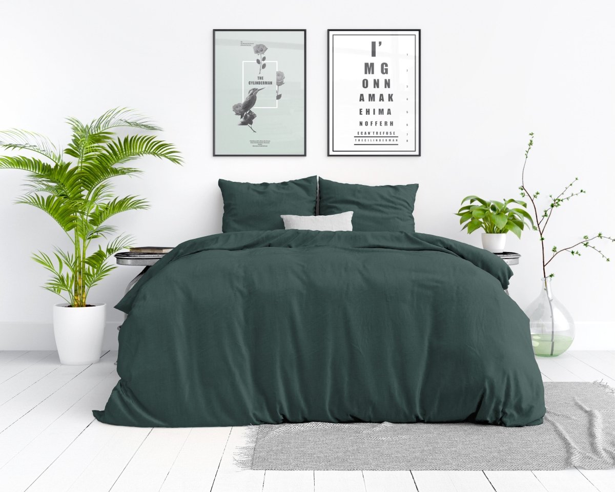 100% Cotton Duvet Cover Set Stone Washed | Dark Green | Single - 140cm (W) x 220cm (L) - The Bedding & Blankets Store