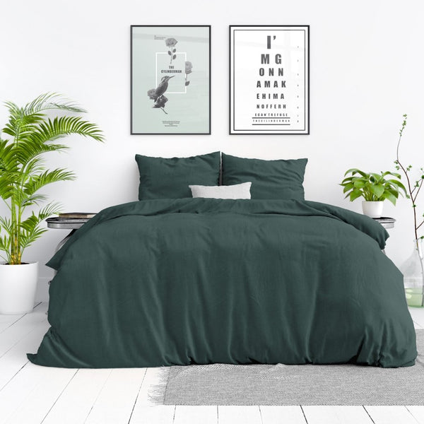 100% Cotton Duvet Cover Set Stone Washed | Dark Green | Single - 140cm (W) x 220cm (L) - The Bedding & Blankets Store