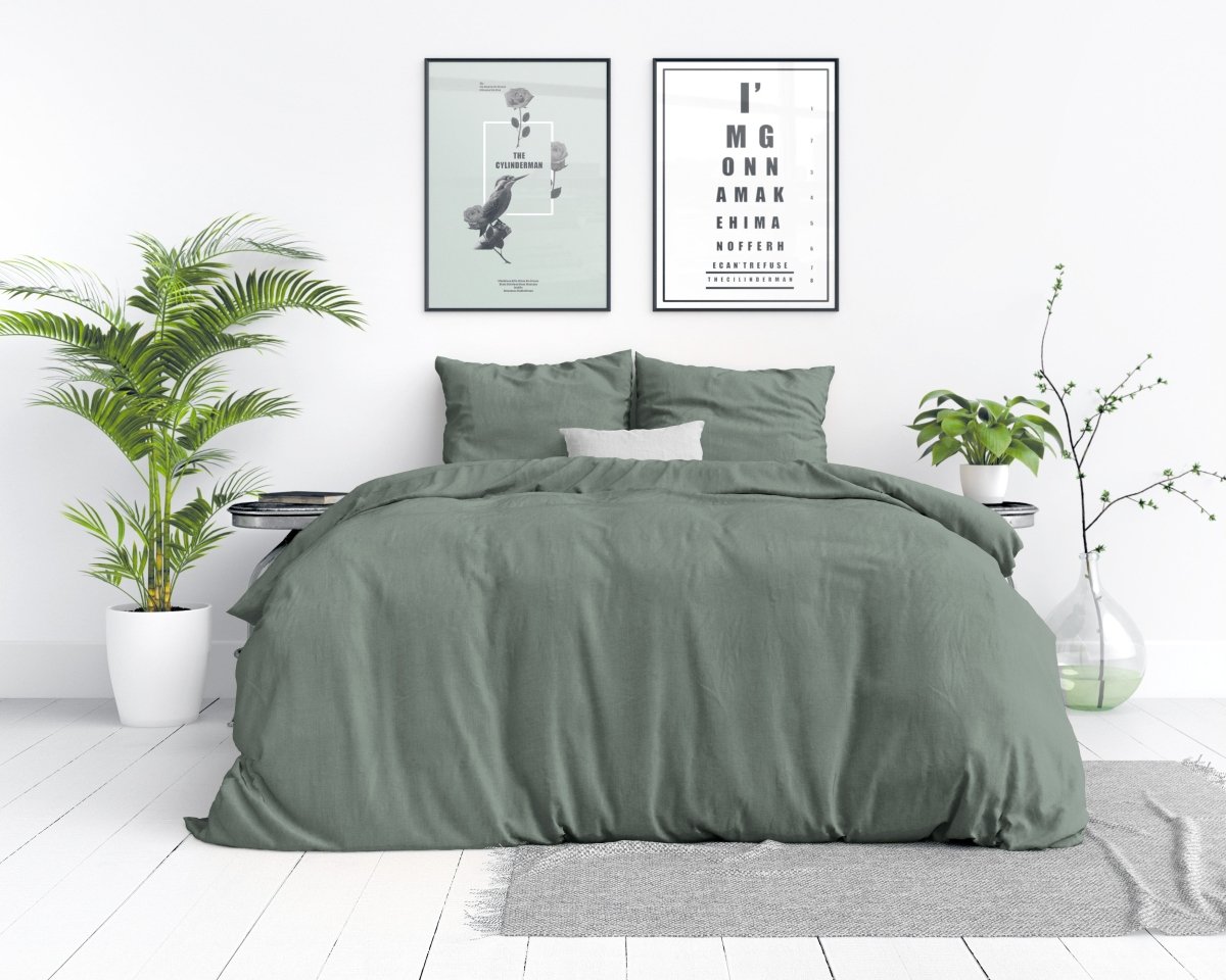 100% Cotton Duvet Cover Set Stone Washed | Green | Single - 140cm (W) x 220cm (L) - The Bedding & Blankets Store