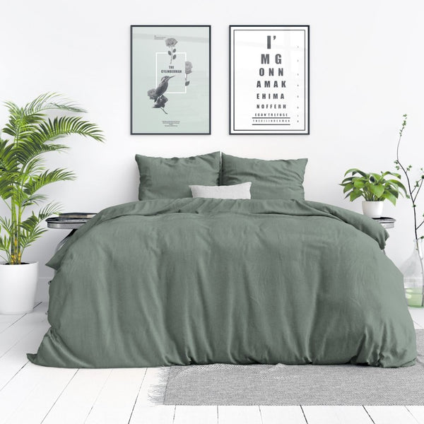 100% Cotton Duvet Cover Set Stone Washed | Green | Single - 140cm (W) x 220cm (L) - The Bedding & Blankets Store