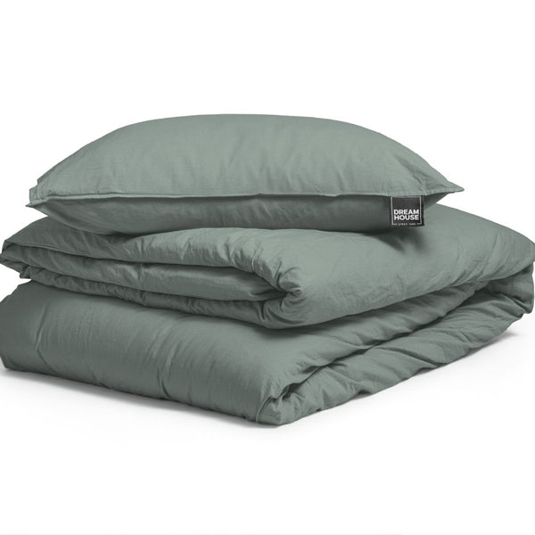 100% Cotton Duvet Cover Set Stone Washed | Green | Single - 140cm (W) x 220cm (L) - The Bedding & Blankets Store
