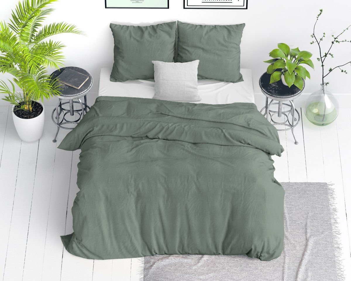 100% Cotton Duvet Cover Set Stone Washed | Green | Single - 140cm (W) x 220cm (L) - The Bedding & Blankets Store