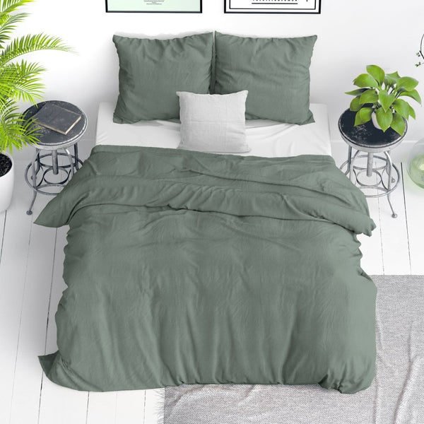 100% Cotton Duvet Cover Set Stone Washed | Green | Single - 140cm (W) x 220cm (L) - The Bedding & Blankets Store