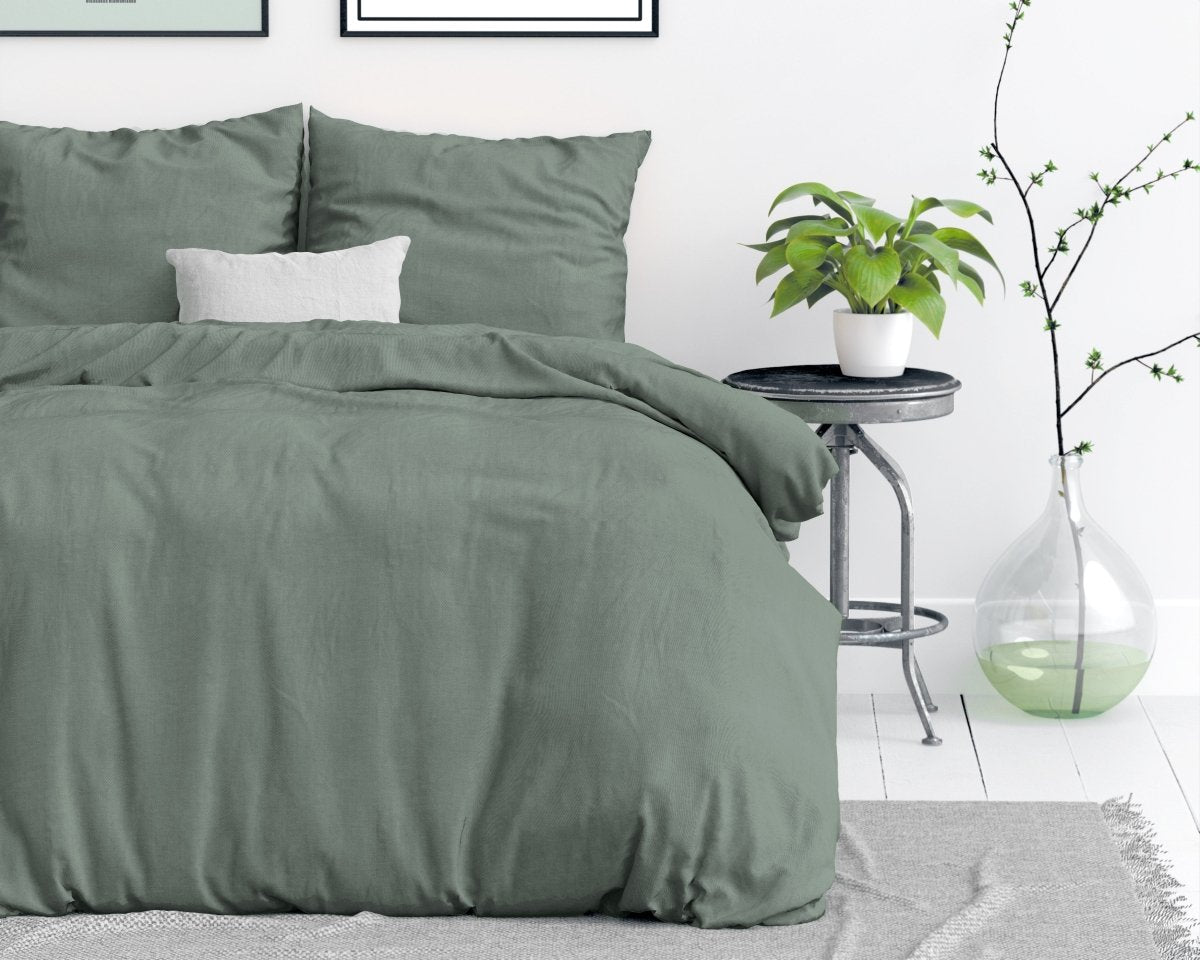100% Cotton Duvet Cover Set Stone Washed | Green | Single - 140cm (W) x 220cm (L) - The Bedding & Blankets Store