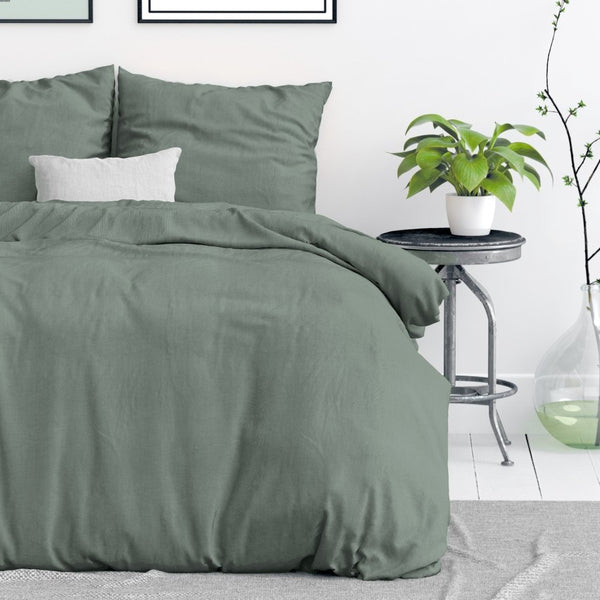 100% Cotton Duvet Cover Set Stone Washed | Green | Single - 140cm (W) x 220cm (L) - The Bedding & Blankets Store