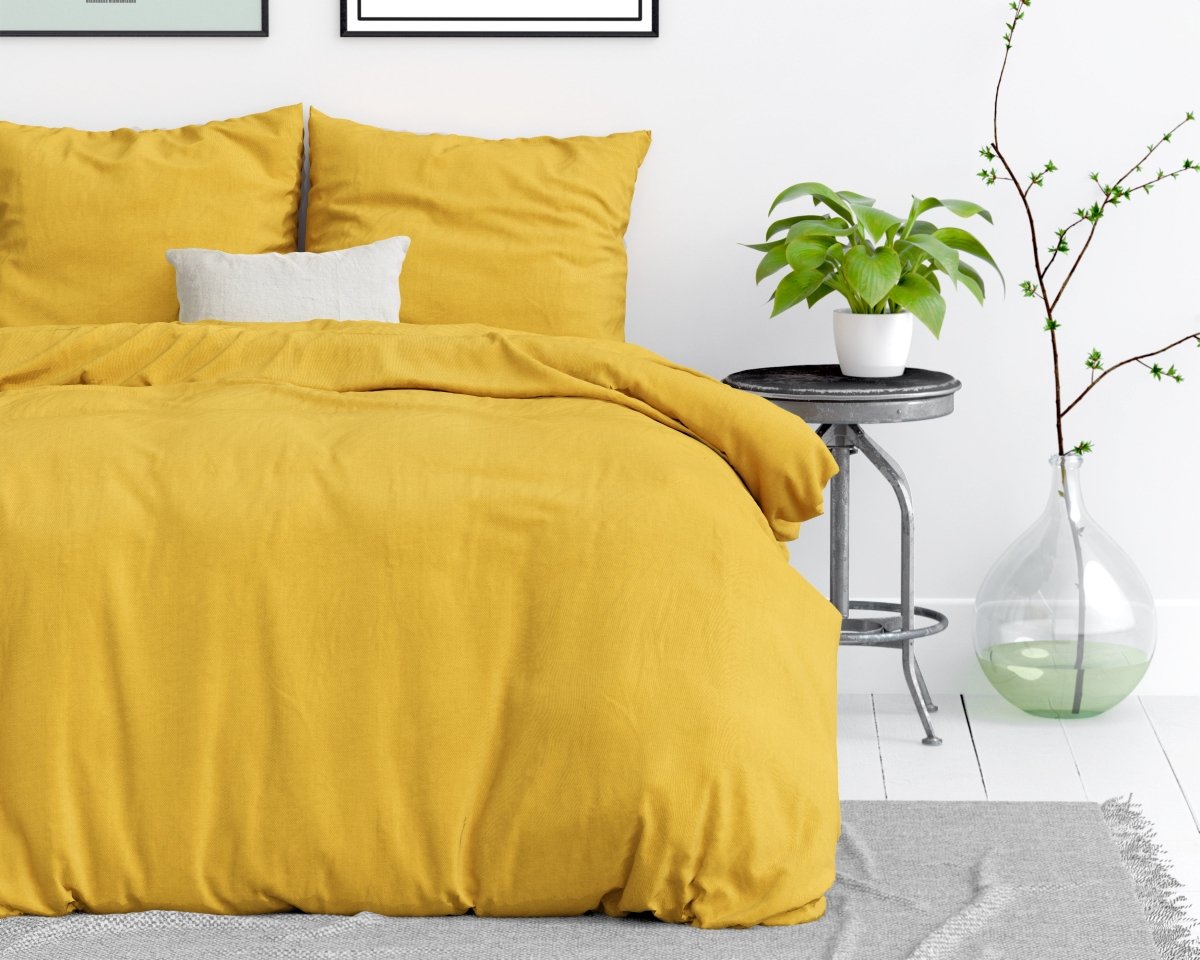100% Cotton Duvet Cover Set Stone Washed | Mustard | Single - 135cm (W) x 200cm (L) - The Bedding & Blankets Store