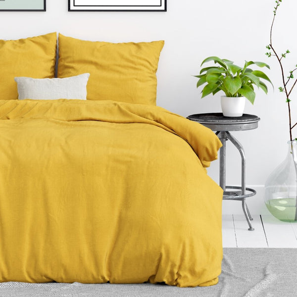 100% Cotton Duvet Cover Set Stone Washed | Mustard | Single - 135cm (W) x 200cm (L) - The Bedding & Blankets Store