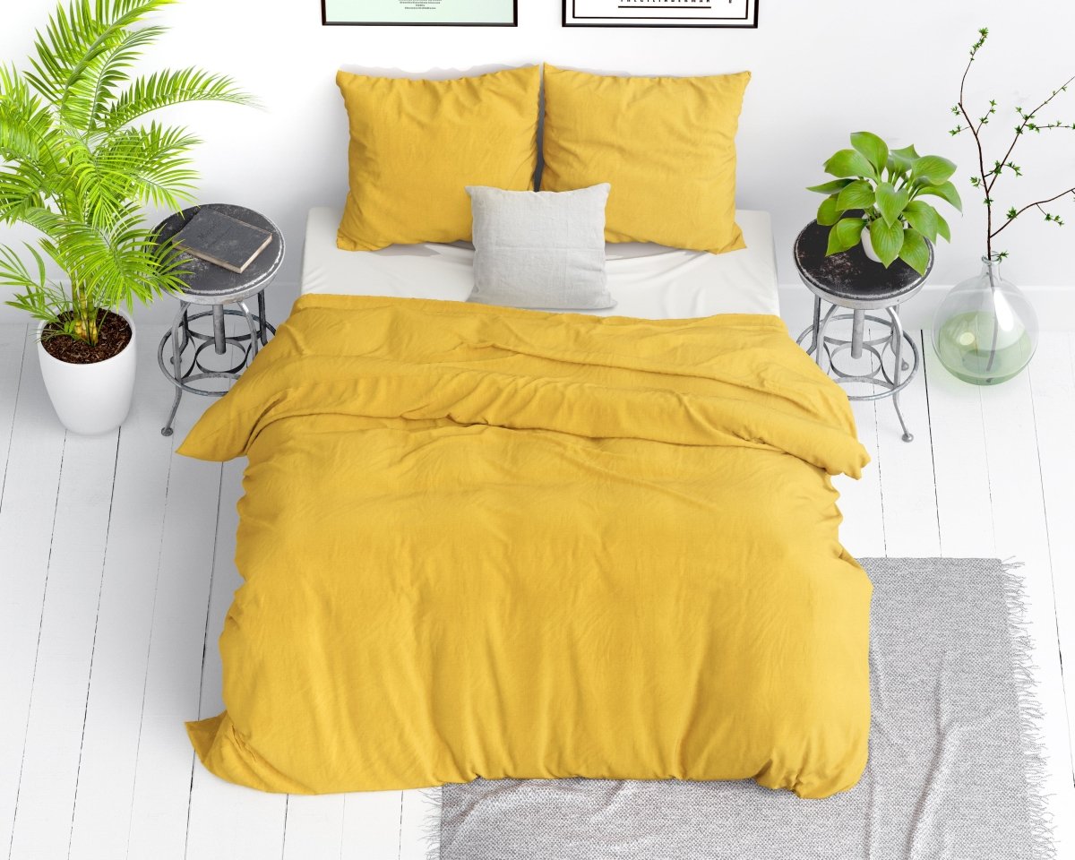 100% Cotton Duvet Cover Set Stone Washed | Mustard | Single - 135cm (W) x 200cm (L) - The Bedding & Blankets Store