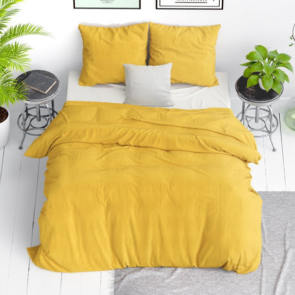 100% Cotton Duvet Cover Set Stone Washed | Mustard | Single - 135cm (W) x 200cm (L) - The Bedding & Blankets Store
