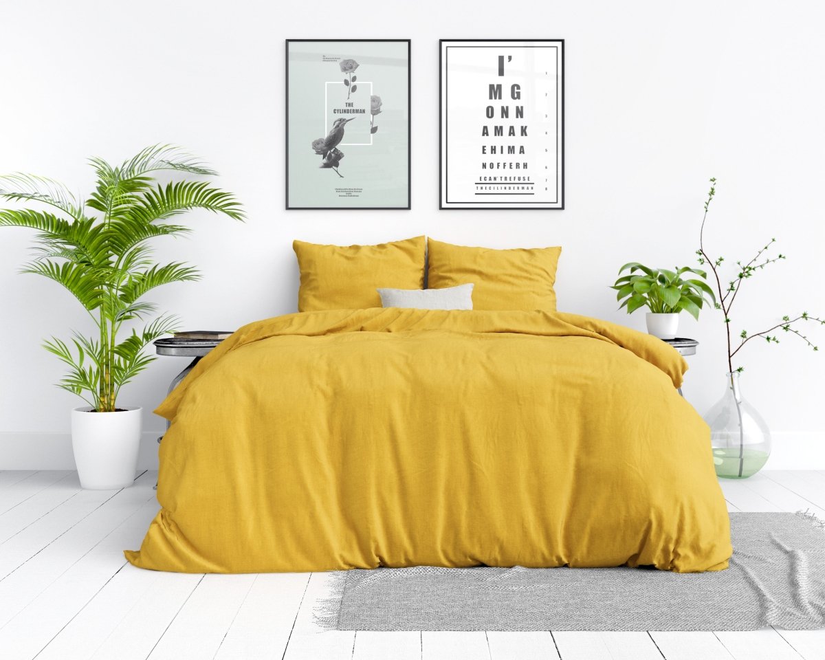 100% Cotton Duvet Cover Set Stone Washed | Mustard | Single - 135cm (W) x 200cm (L) - The Bedding & Blankets Store