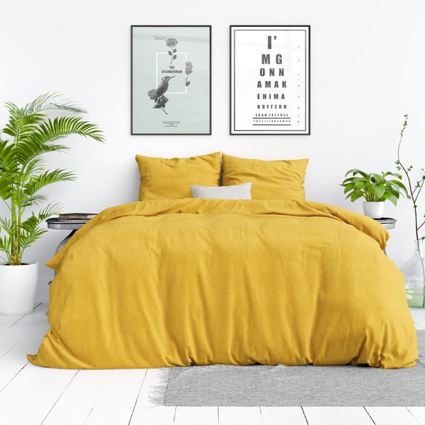 100% Cotton Duvet Cover Set Stone Washed | Mustard | Single - 135cm (W) x 200cm (L) - The Bedding & Blankets Store