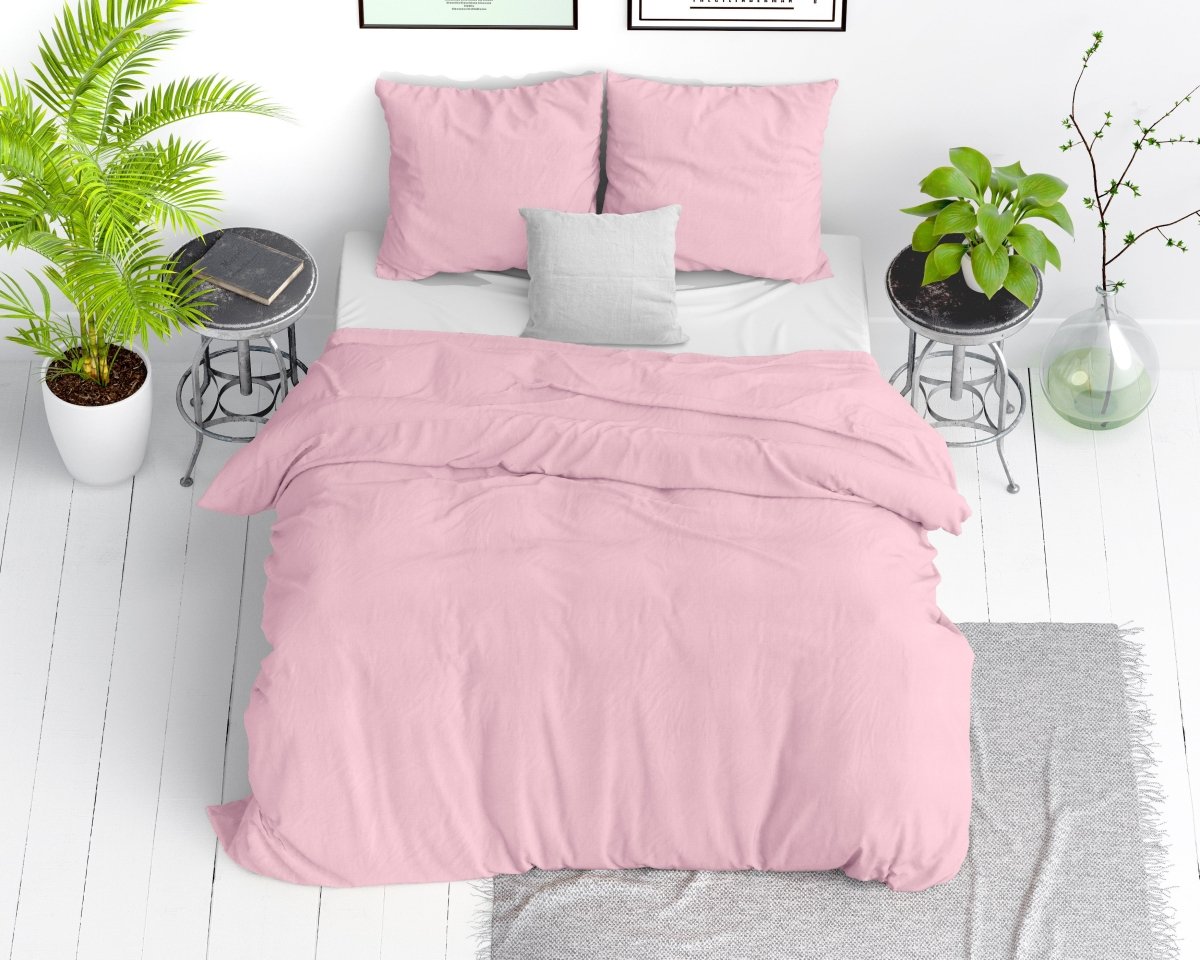 100% Cotton Duvet Cover Set Stone Washed | Pink | Single - 140cm (W) x 220cm (L) - The Bedding & Blankets Store