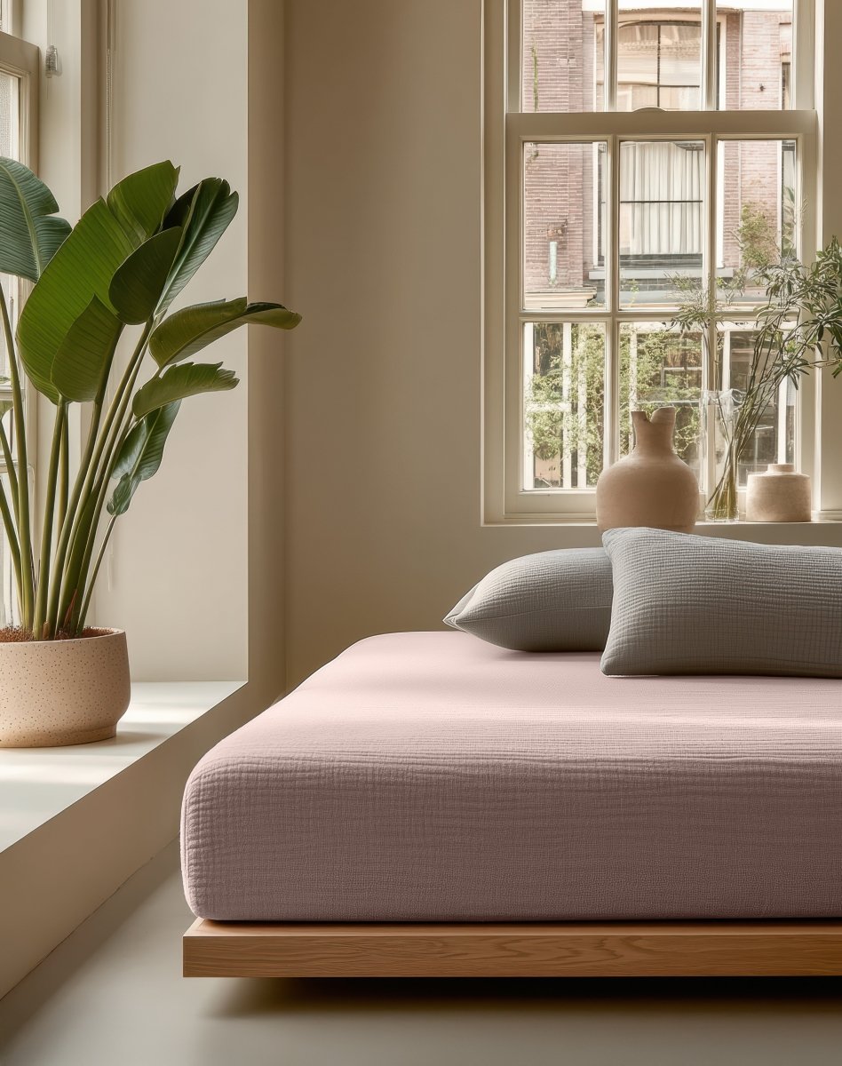 100% Cotton Fitted Sheet Mousseline | Blush Pink | Double 140 x 200cm (L) x 30cm (D) - The Bedding & Blankets Store