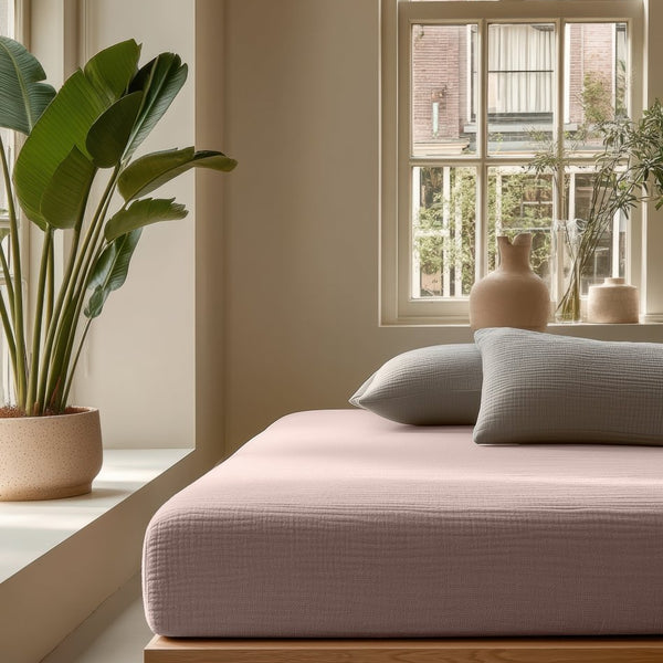 100% Cotton Fitted Sheet Mousseline | Blush Pink | Double 140 x 200cm (L) x 30cm (D) - The Bedding & Blankets Store