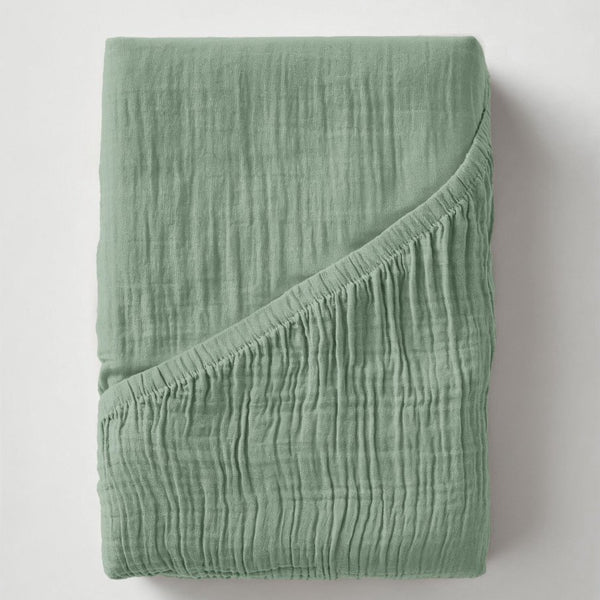 100% Cotton Fitted Sheet Mousseline | Green | Double 140 x 200cm (L) x 30cm (D) - The Bedding & Blankets Store