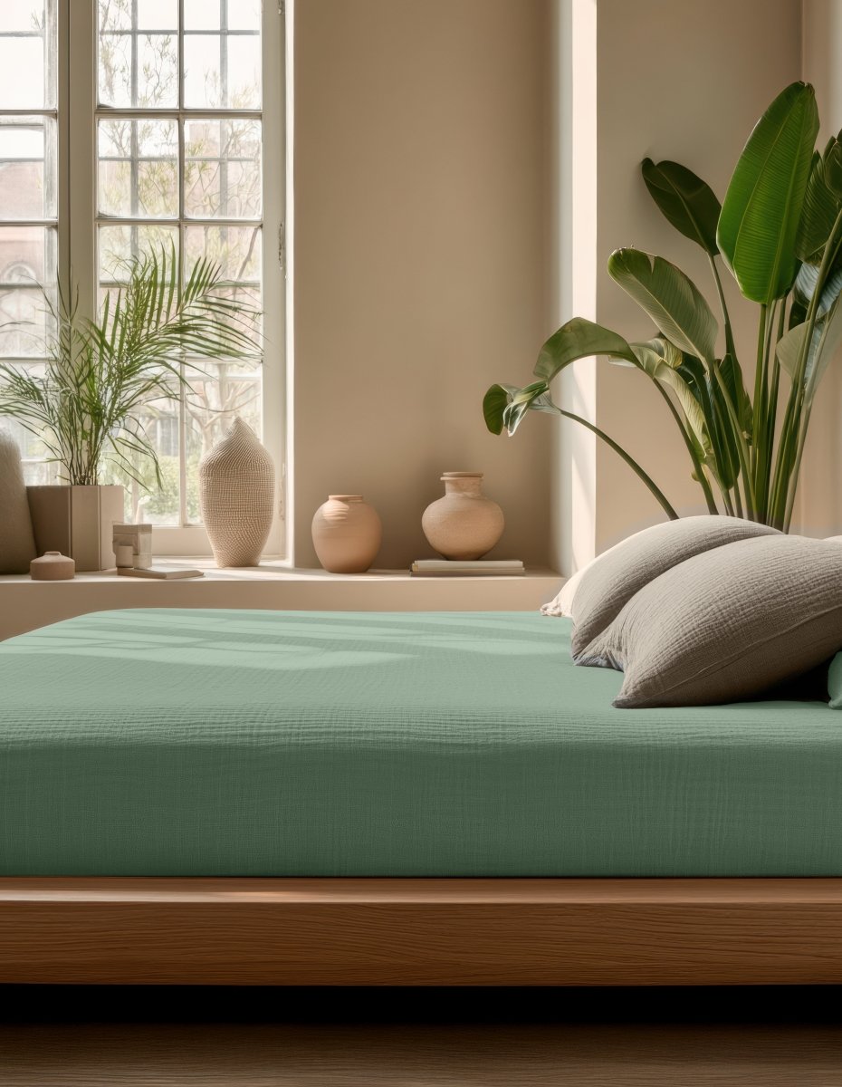 100% Cotton Fitted Sheet Mousseline | Green | Double 140 x 200cm (L) x 30cm (D) - The Bedding & Blankets Store