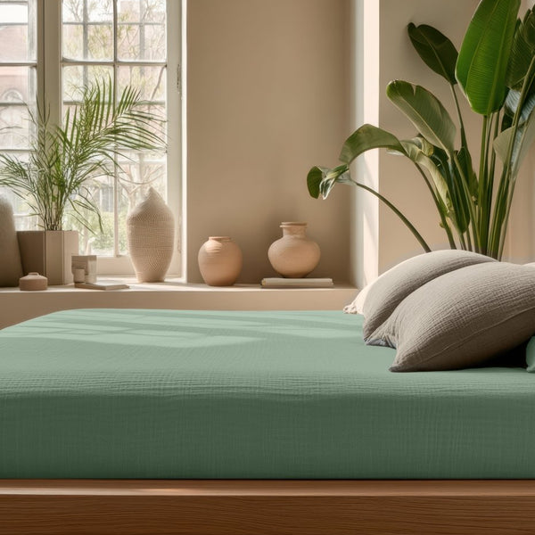 100% Cotton Fitted Sheet Mousseline | Green | Double 140 x 200cm (L) x 30cm (D) - The Bedding & Blankets Store