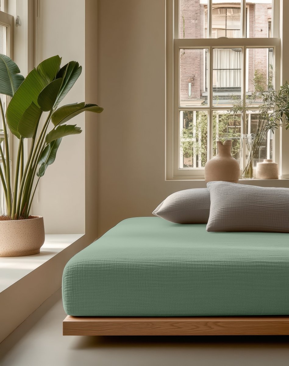 100% Cotton Fitted Sheet Mousseline | Green | Double 140 x 200cm (L) x 30cm (D) - The Bedding & Blankets Store