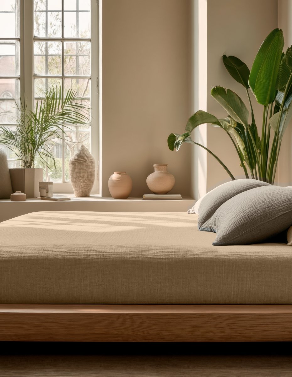 100% Cotton Fitted Sheet Mousseline | Nude | Double 140 x 200cm (L) x 30cm (D) - The Bedding & Blankets Store
