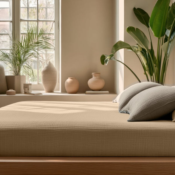 100% Cotton Fitted Sheet Mousseline | Nude | Double 140 x 200cm (L) x 30cm (D) - The Bedding & Blankets Store