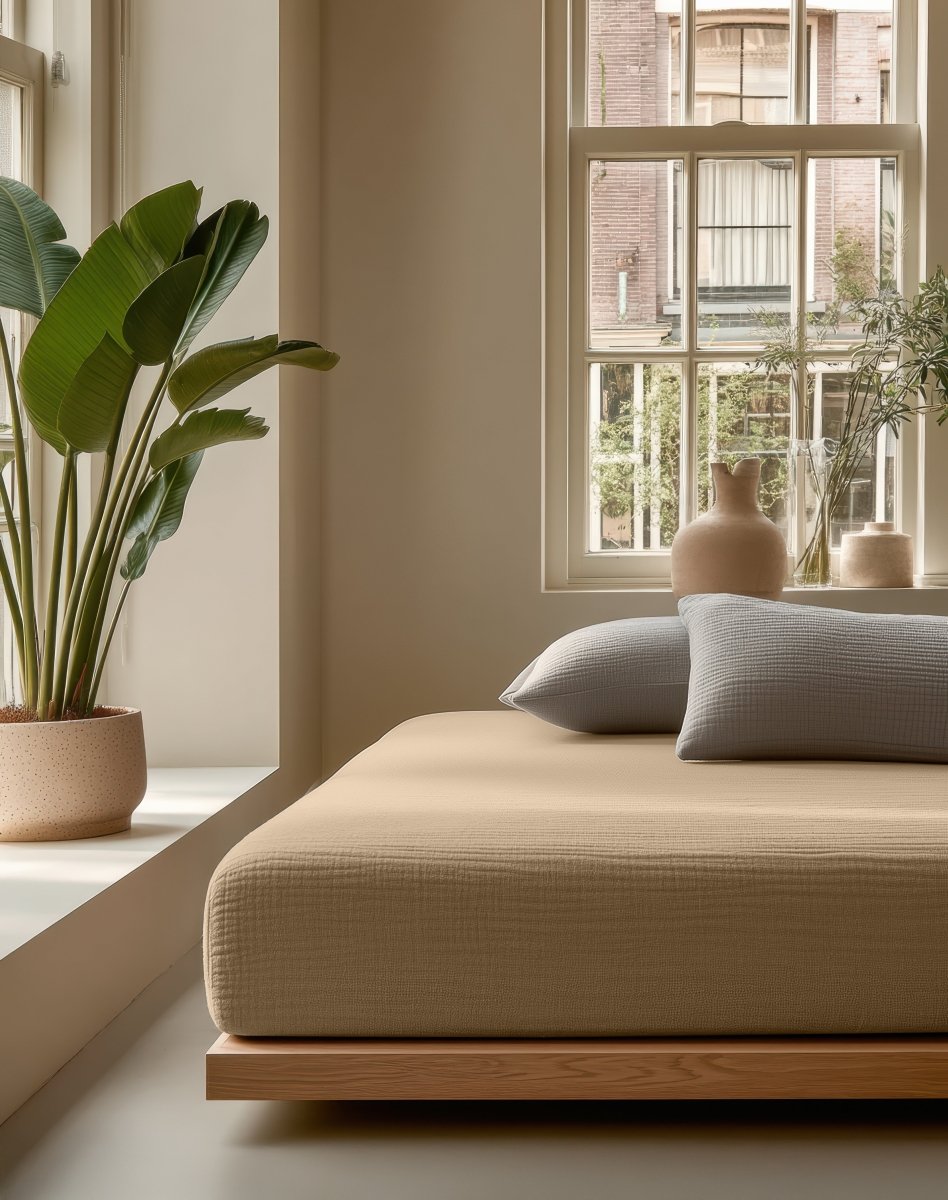 100% Cotton Fitted Sheet Mousseline | Nude | Double 140 x 200cm (L) x 30cm (D) - The Bedding & Blankets Store