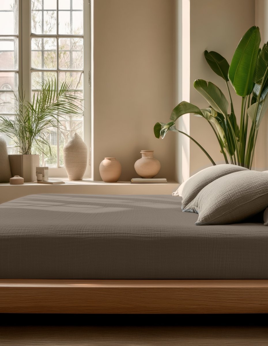 100% Cotton Fitted Sheet Mousseline | Taupe | Double 140 x 200cm (L) x 30cm (D) - The Bedding & Blankets Store