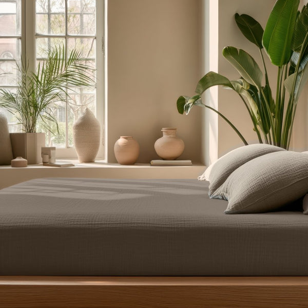 100% Cotton Fitted Sheet Mousseline | Taupe | Double 140 x 200cm (L) x 30cm (D) - The Bedding & Blankets Store