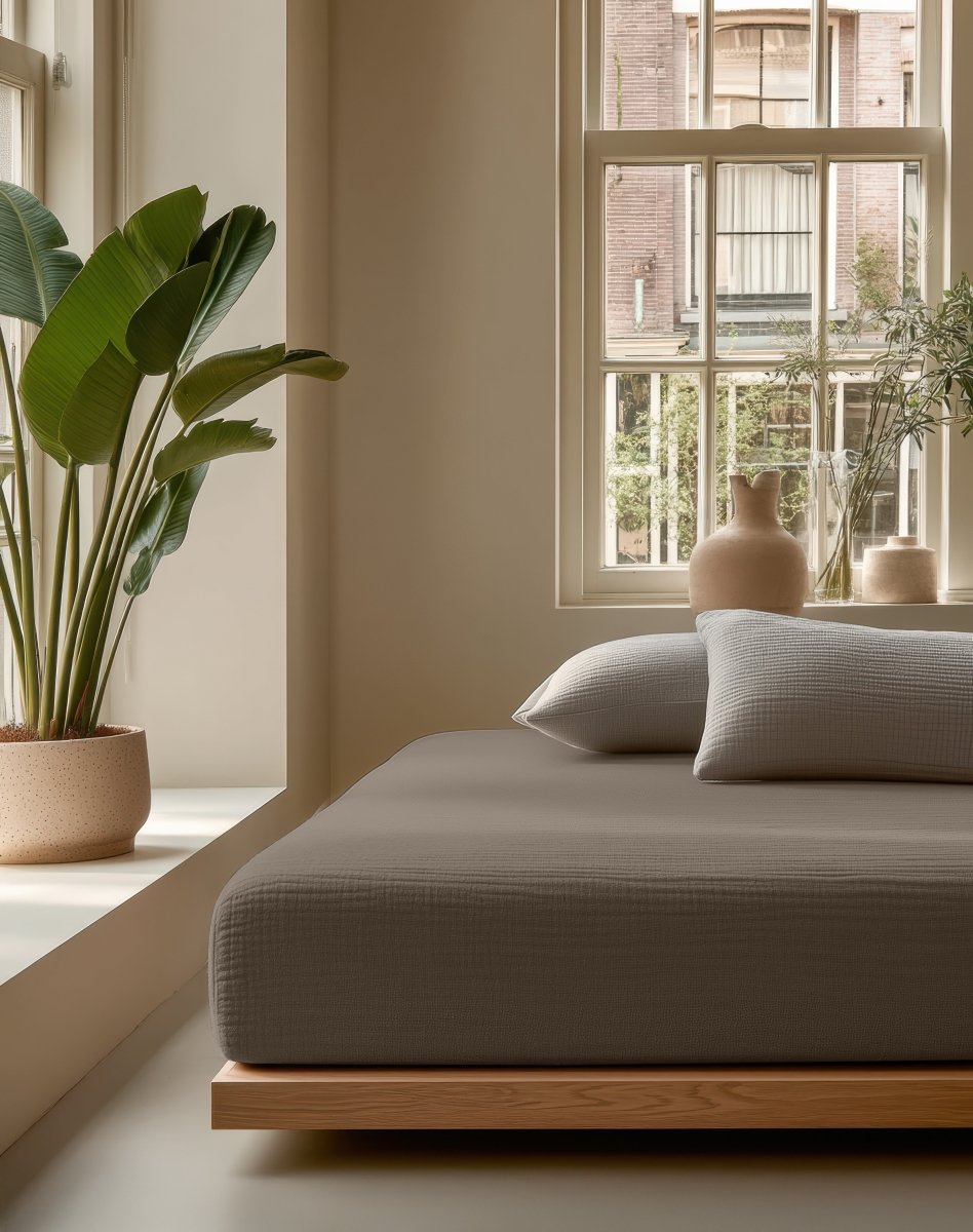 100% Cotton Fitted Sheet Mousseline | Taupe | Double 140 x 200cm (L) x 30cm (D) - The Bedding & Blankets Store