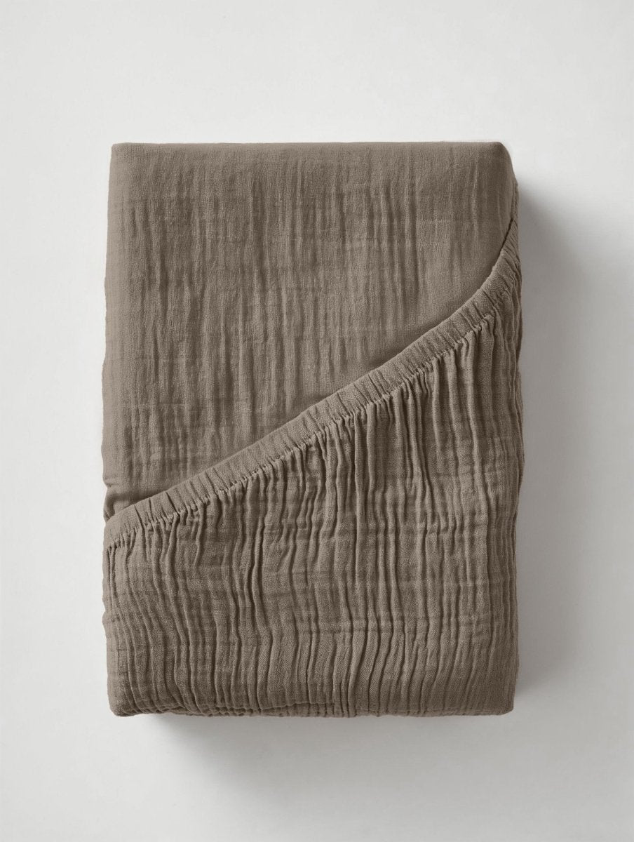 100% Cotton Fitted Sheet Mousseline | Taupe | Double 140 x 200cm (L) x 30cm (D) - The Bedding & Blankets Store